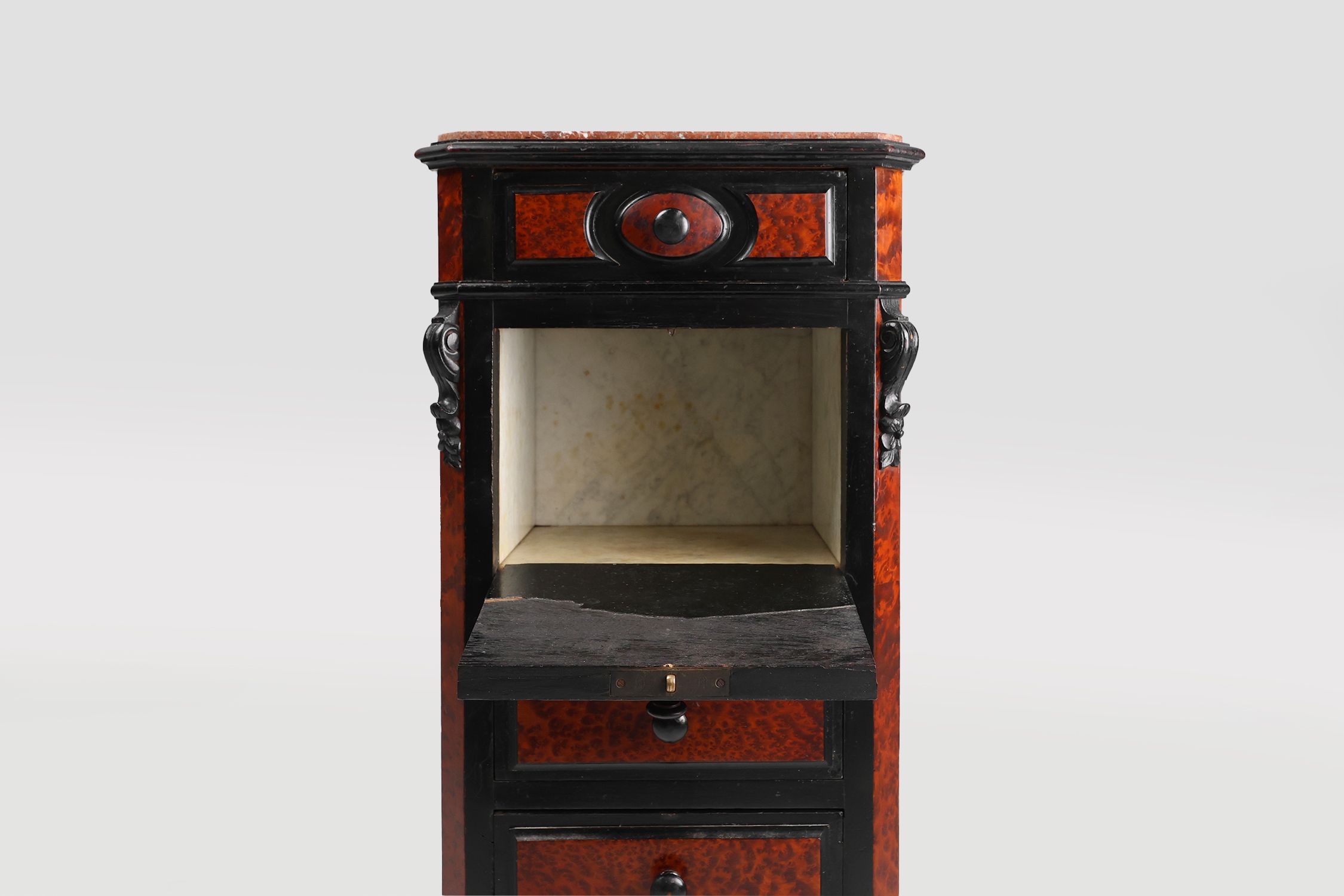 Rare Antique French chest of drawers in wood, burl veneer and marble, ca. 1850thumbnail